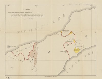 Peta Timor sebelum Pertukaran Maukatar (sekarang di Timor Leste) dengan Noemuti. Itulah sebabnya di dalam cerita ini disebutkan bahwa Bil Nope mencari dukungan pada enclave Protugis  di Noemuti. (sumber: koleksi KITLV)