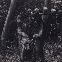 Seorang laki-laki dengan tengkorak-tengkorak kepala yang dipenggal. Foto dibuat di Timor sekitar tahun 1910. Perburuan Kepala menjadi salah satu masalah di Timor saat itu. {sumber: KITLV}.